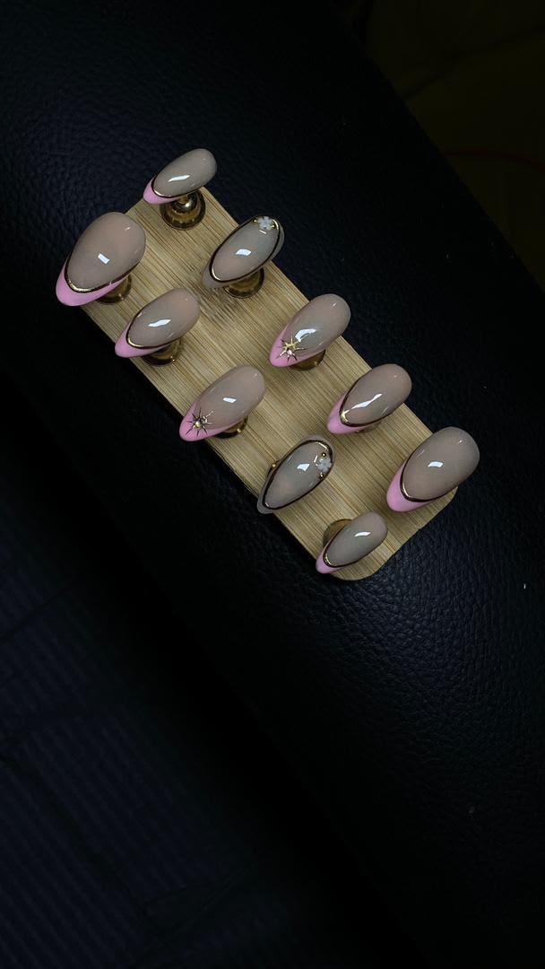 Pink French Tips with Gold press-on nails
